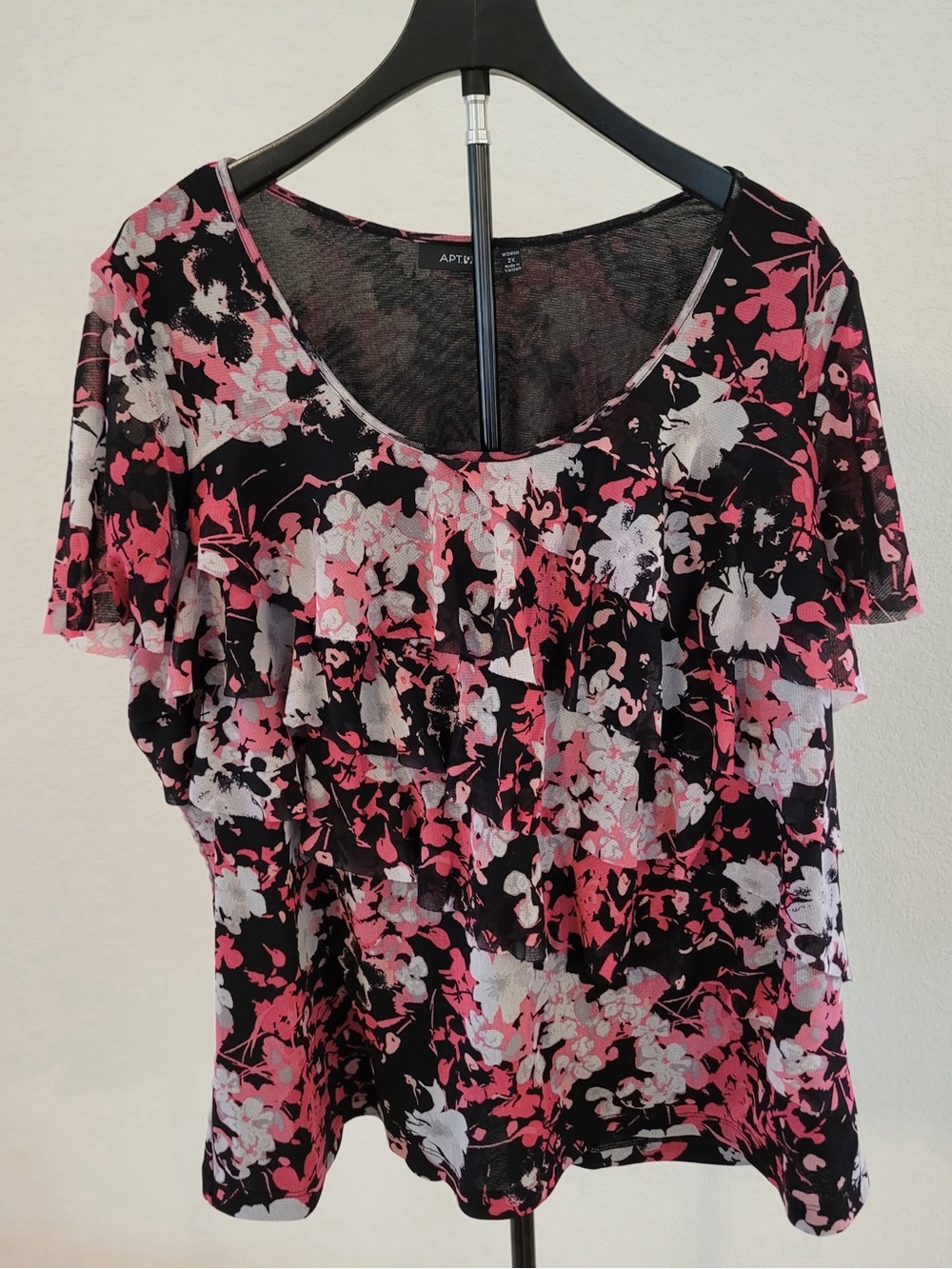 APT 9 Women’s 2X Floral Print Flutter Sleeve Blouse Black Pink Coral Top